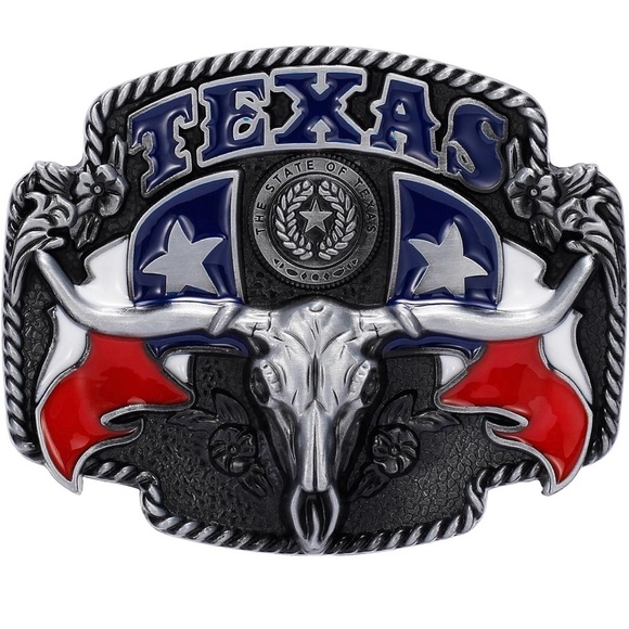 Texas Themed Belt Buckle - Blue, Red, White - Picture 1 of 5